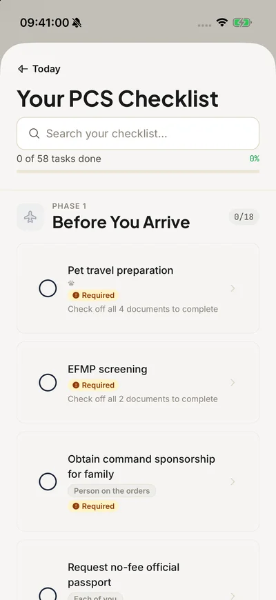 Boris™ PCS checklist showing arrival tasks and progress