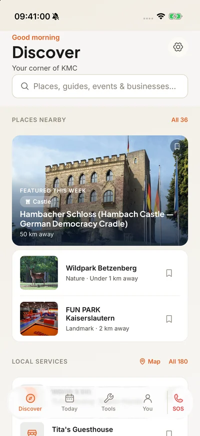 Boris™ Discover screen with local places, guides and events