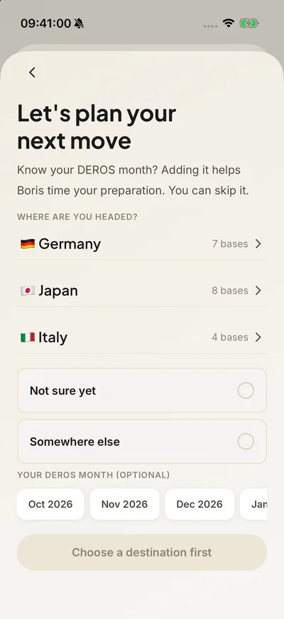 Boris™ new orders screen with Germany, Japan and Italy destination choices and an optional DEROS month