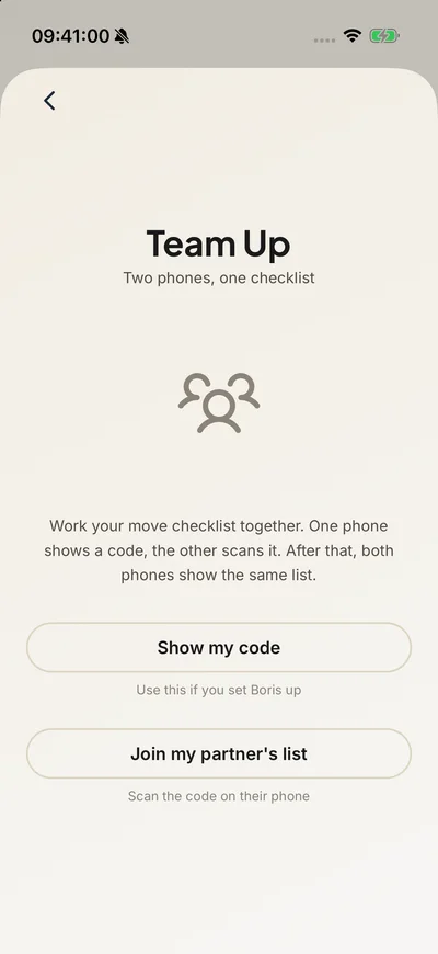 Boris™ Team Up screen with options to show a pairing code or join a partner’s list