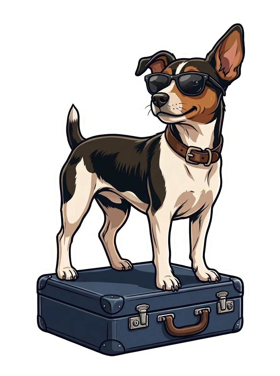Boris™, the Jack Russell terrier, standing on a travel suitcase