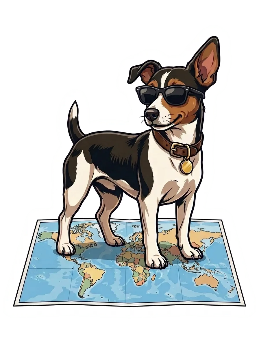 Boris™, the Jack Russell terrier, in front of a world map