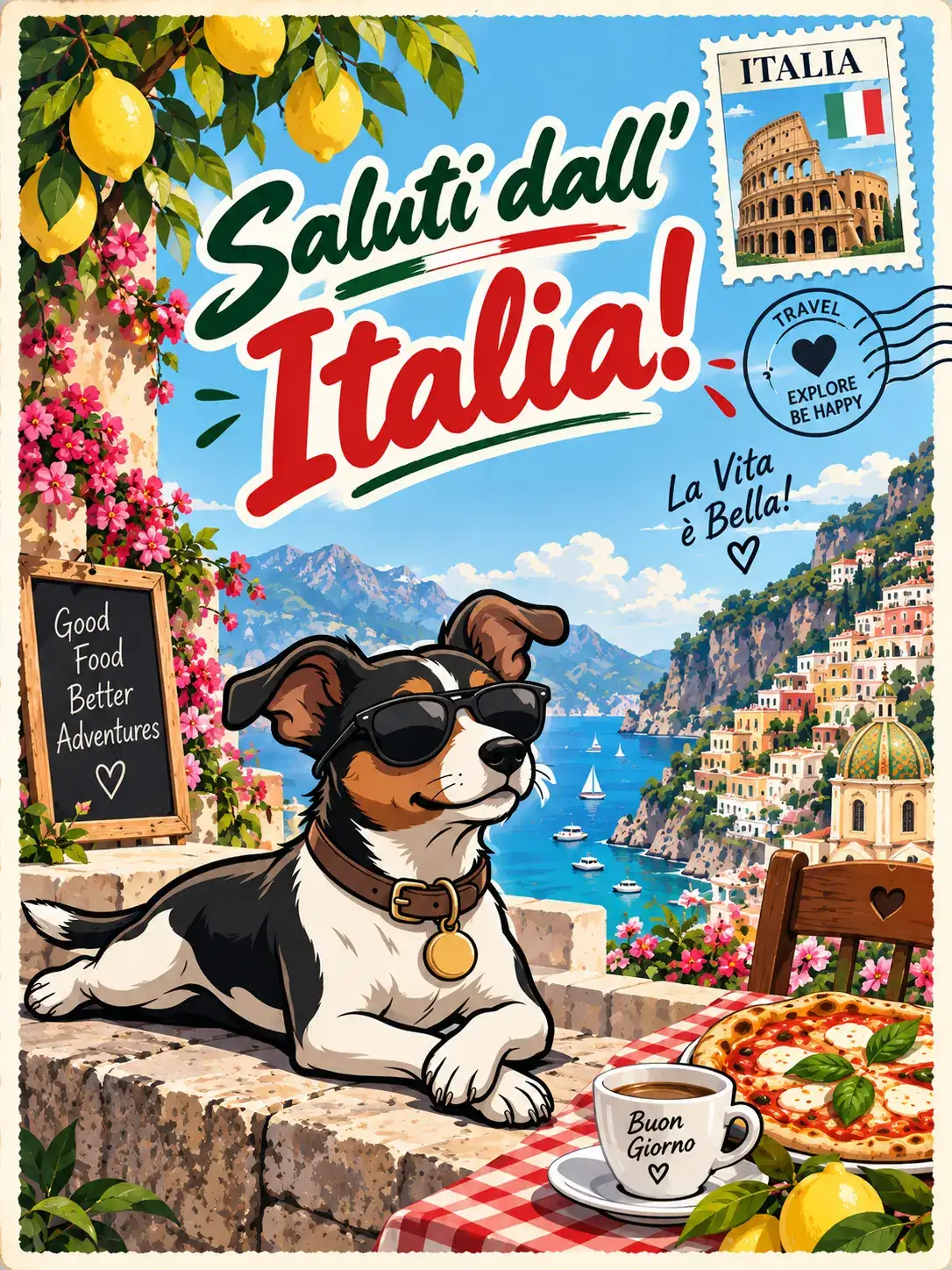 A Boris™ postcard from Italy: the Jack Russell terrier in sunglasses on a sunlit wall with an espresso and a pizza, lemons, bougainvillea and a cliffside coastal town behind him, under the greeting Saluti dall’ Italia!